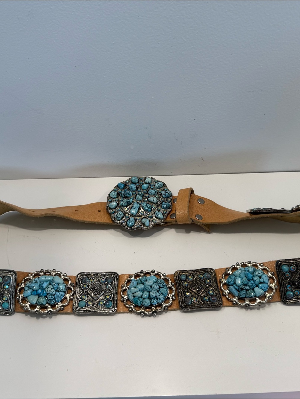 Vintage Turquoise Stone Embellished Tan Leather Belt by Leatherock - Picture 5 of 11